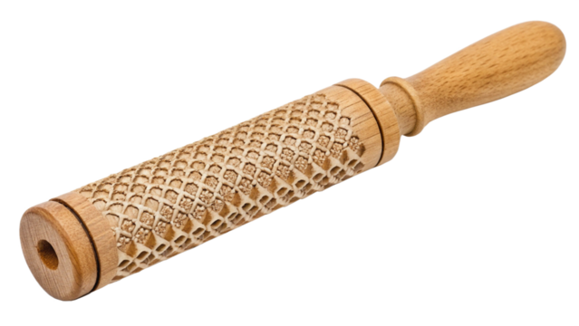 Wooden dough roller isolated on transparent background, a rustic kitchen tool for rolling pastry and dough in baking and food preparation