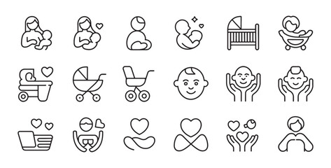 Mother and Baby Care Line Icons – Breastfeeding, Crib, Stroller, Love, Infant, Parenting Symbols

