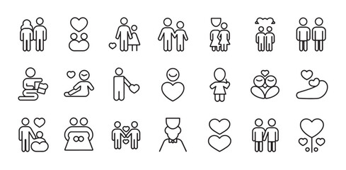 Family and Love Relationship Line Icons – Couples, Parents, Kids, Heart, Wedding, Pregnancy, Care