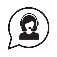 Female call center agent icon in speech bubble, customer support operator with headset vector symbol for online assistance