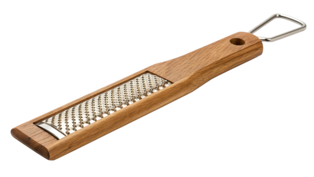 Wooden handled cheese grater with stainless steel blade isolated on transparent background for food preparation and cooking - Powered by Adobe