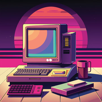 Retro 1980s computer setup with a vibrant sunset horizon and coffee mug evoking nostalgia and vintage technology aesthetics. perfect for use in nostalgia-driven design projects, such as vintage tech 