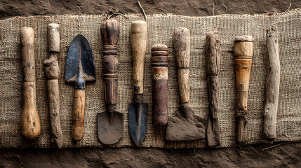 weathered wooden tools arranged side by side on coarse burlap