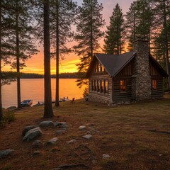 Rustic Log Cabin by a Lake at Sunset