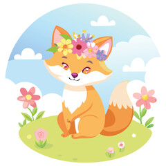 A Cute Fox with a Flower Crown Sitting in a Field of Flowers