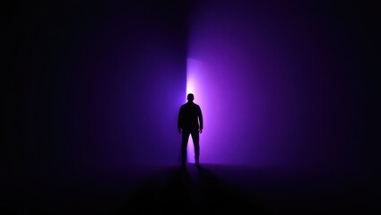 Obraz premium Silhouette of a man standing in front of a bright purple light beam