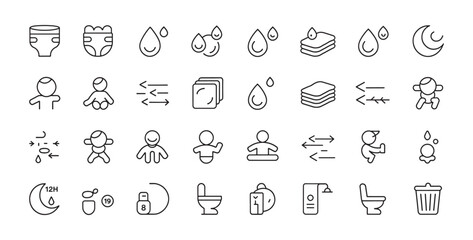 Baby Hygiene and Diaper Change Line Icons – Diaper, Wipes, Bath, Droplet, Toilet, Sleep, Care