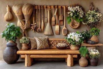 Rustic bench with straw tools decor high resolution picture