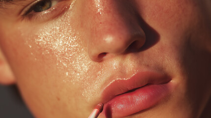 Naklejka premium Soft sun on masculine lips and cheeks with natural skin texture and subtle shine, close up of young man applying balm for smooth and hydrated lips in warm light