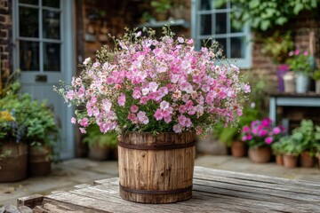 Obraz premium Beautiful pink flowers in a rustic wooden barrel planter at a charming garden setting
