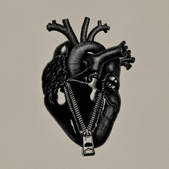 Surreal anatomical hearts with zippers – blending love, secrets, and vulnerability in conceptual black-and-white artwork. Bold, emotional, and symbolic digital illustration.