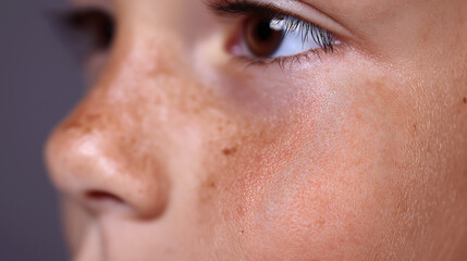 Naklejka premium Close up of young boy face showing clear skin with freckles and smooth texture, highlighting natural beauty and healthy complexion in soft lighting