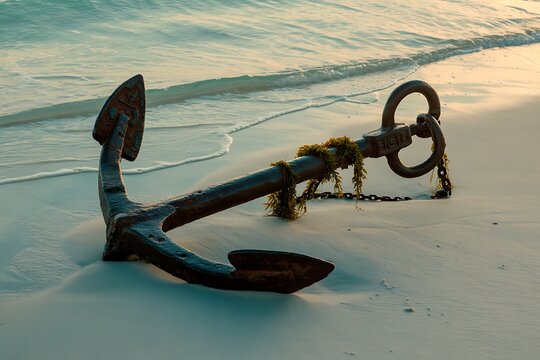 Weathered ship anchor resting on sandy beach with gentle waves lapping the shore at sunset