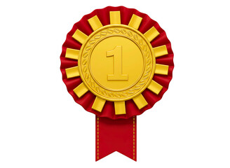 Golden award rosette with red and gold ribbons isolated on transparent background first place 