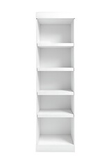 Empty white wooden vertical five-shelf storage organizer isolated on white background