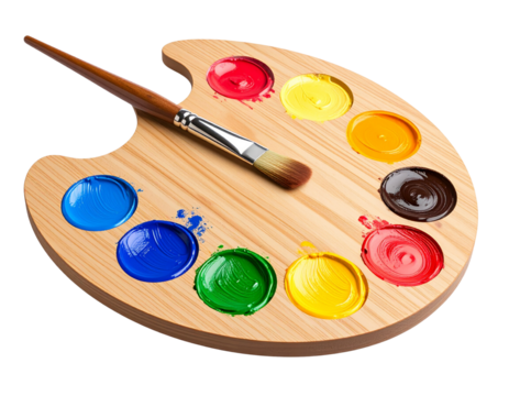 Wooden artist's palette with vibrant paint colors and a paintbrush, isolated white an