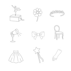 Ballet Dancing Silhouettes. Dance ballet silhouettes. Dancer woman people. Female ballerina recital silhouette. Ballerina Girl Accessories and Dance Elements Line Icons Set. Set of Ballerina Props 