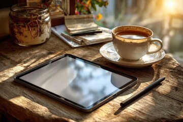 Cozy workspace featuring a tablet with blank screen, coffee cup, and stationery on rustic wooden table, ideal for creative inspiration and productivity