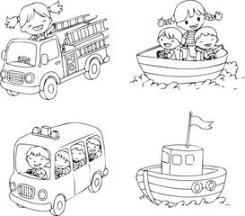 Fototapeta premium Set of cute cartoon driving different vehicles like fire truck, school bus, and boat, illustrated in black and white,
