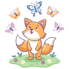 Fototapeta premium Cute Fox with Butterflies Cartoon Character on a Green Meadow