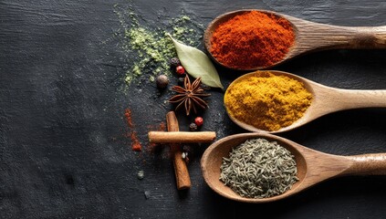 Three wooden spoons hold paprika, turmeric, and dried herbs on a dark surface, surrounded by scattered spices including cinnamon, star anise, peppercorns, and bay leaves