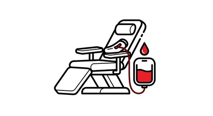 Illustration of a blood donation chair with connected bag and a single blood drop graphic