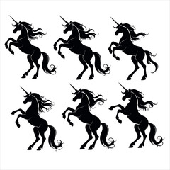 A Collection of Six Dynamic Black Silhouette Unicorns Rearing Up with Flowing Manes and Horns, Isolated on a White Background, Ideal for Fantasy or Mythical Themes