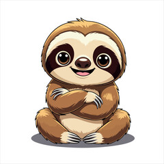 A Cute and Happy Cartoon Sloth Sitting with Arms Crossed, Featuring Brown Fur and Big Expressive Eyes, Isolated on a White Background