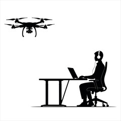 A Silhouette of a Person Wearing a Headset and Working on a Laptop at a Desk, with a Flying Drone Hovering Above, Representing Remote Work or Drone Operation