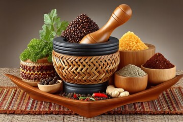 Rustic spice arrangement with mortar high resolution picture
