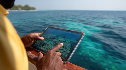 Ocean Exploration: A person is capturing a stunning underwater seascape on a digital tablet, with the deep blue sea, showcasing the wonders below the surface.