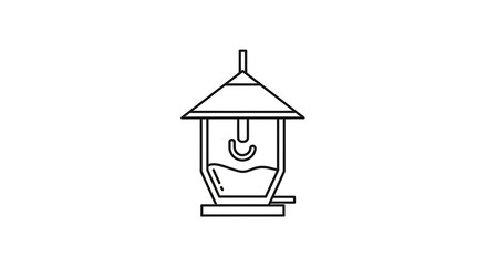 Outline drawing of a bird feeder with a roof and a perch on a white background in a simple design