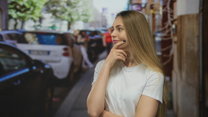 Woman contemplating on street with cars and buildings in a cityscape background under bright daylight.