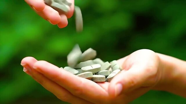Green Spirulina or Chlorella Tablets Pouring into a Spoon. Close-up of Green Algae Pills for a Healthy Diet.