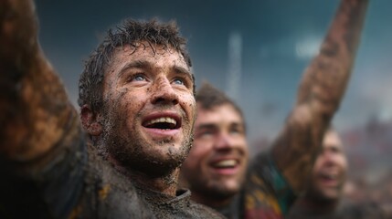 Triumphant Rugby Team: A close-up shot captures the gritty jubilation of a rugby player, mud-splattered yet exuding elation. Surrounded by teammates, he embodies the essence of triumph, determination.