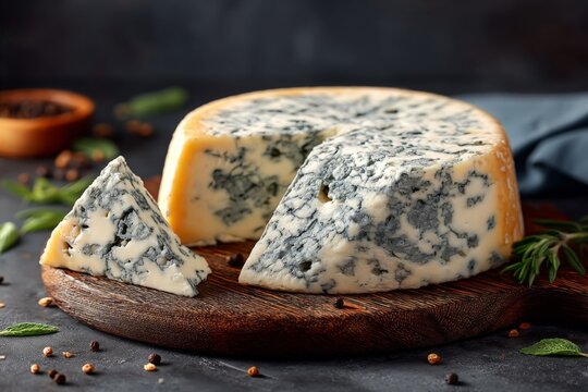 Delicious blue cheese on a wooden board with herbs and spices arranged for a gourmet experience
