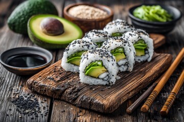 Fresh sushi rolls with avocado and sesame on rustic wooden board in cozy dining setting