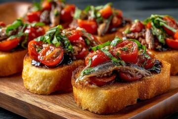 Delicious bruschetta topped with fresh tomatoes, anchovies, and basil served on a wooden platter