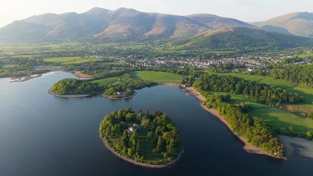 Aerial view above Keswick cruise jetty and Derwent Isle in Keswick, UK