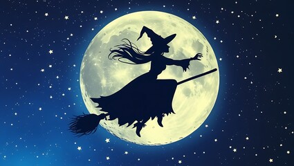 Fototapeta premium Witch Silhouette Flying on Broomstick in Front of Full Moon – Halloween Night Magic Scene 