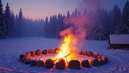 Cozy Bonfire in Snowy Winter Landscape with Evergreen Trees