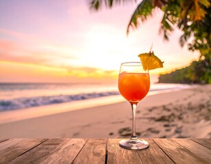 Tropical sunset beach scene with a fruity cocktail on a wooden surface