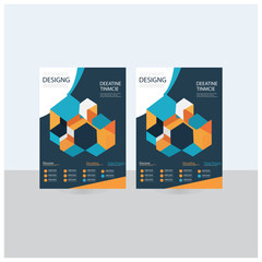 Modern Brochure Design Template with Geometric Shapes A professional, contemporary brochure template featuring a dynamic layout with overlapping geometric shapes in vibrant teal, orange, and dark navy