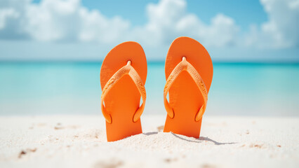 Bright orange flip flops resting soft white sand, with serene turquoise ocean and fluffy clouds background, evoke sense of relaxation and summer