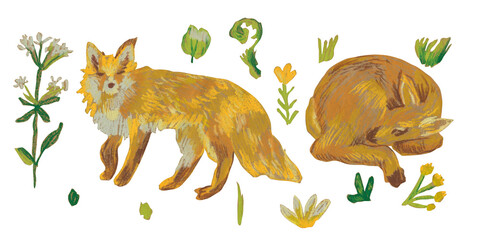 Set hand-drawn mythical animals illustration created with wax crayons and oil pastels.Fantasy creatures in ochre and green hues with textured detailsfor fairy tale designs,children’s illustrations.