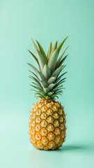 Fototapeta premium Fresh pineapple with vibrant green leaves against mint background, showcasing its tropical appeal and juicy texture