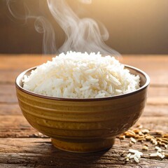 Hot freshly cooked white rice in a rustic ceramic bowl with steam rising, placed on a wooden table under warm lighting.