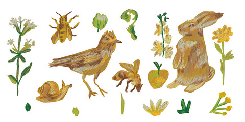 Obraz premium Set hand-drawn mythical animals illustration created with wax crayons and oil pastels.Fantasy creatures in ochre and green hues with textured details,for fairy tale designs,children’s illustrations.