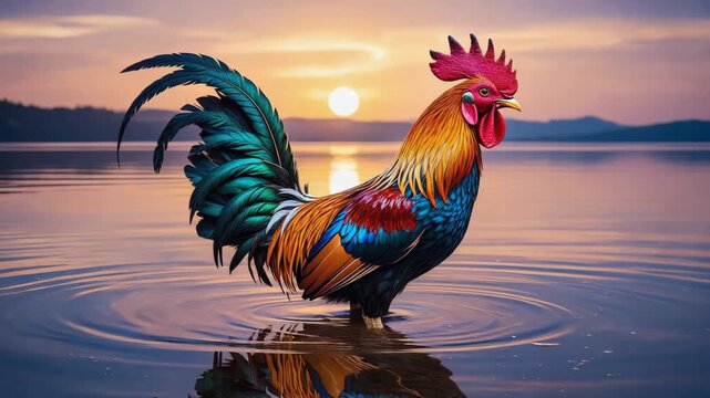 Colorful rooster stands in water at sunset in serene location