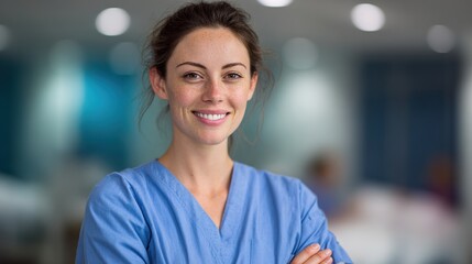 Fototapeta premium Dedicated Healthcare Professional: A poised female nurse exudes confidence and compassion with arms crossed, embodying the essence of medical care.